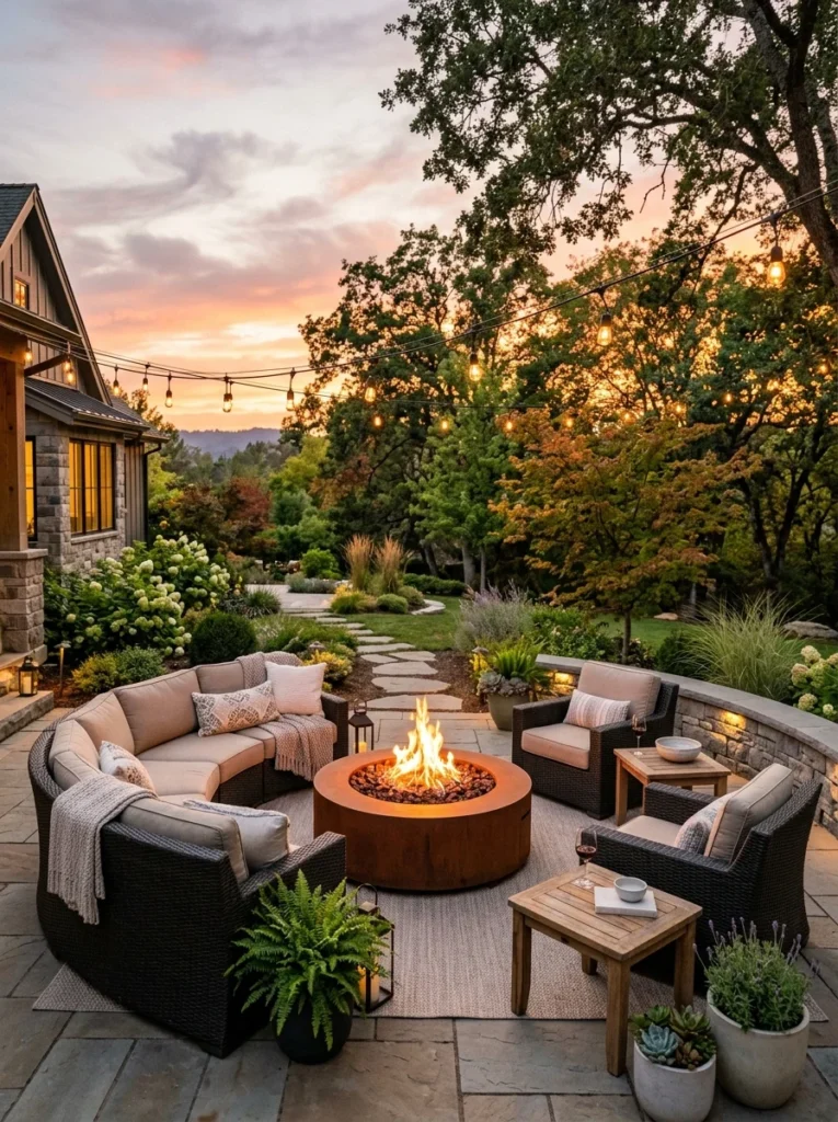 Luxury backyard featuring a modern fire pit and comfortable outdoor seating.