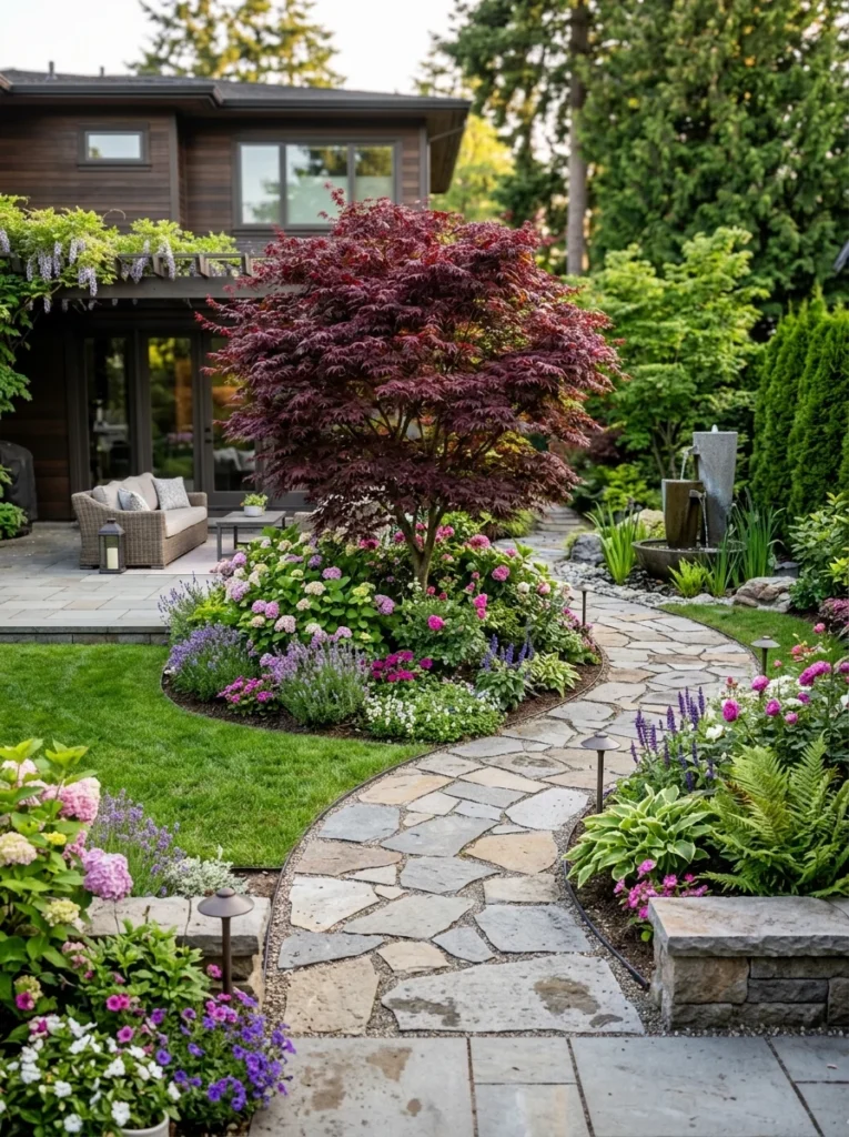 Backyard featuring a beautiful focal point with an ornamental tree and decorative garden design.