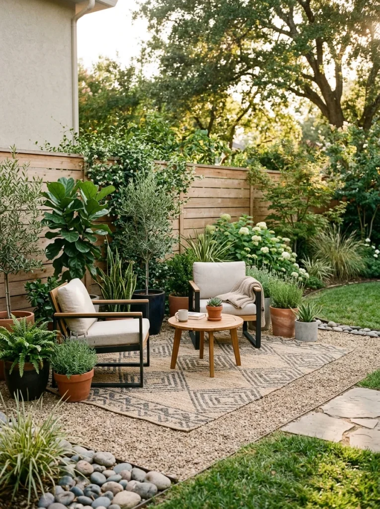 Outdoor rug and potted plants creating a defined backyard seating area on a budget.