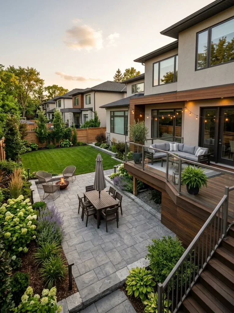 Modern backyard featuring both a patio and a raised deck for outdoor living inspiration.