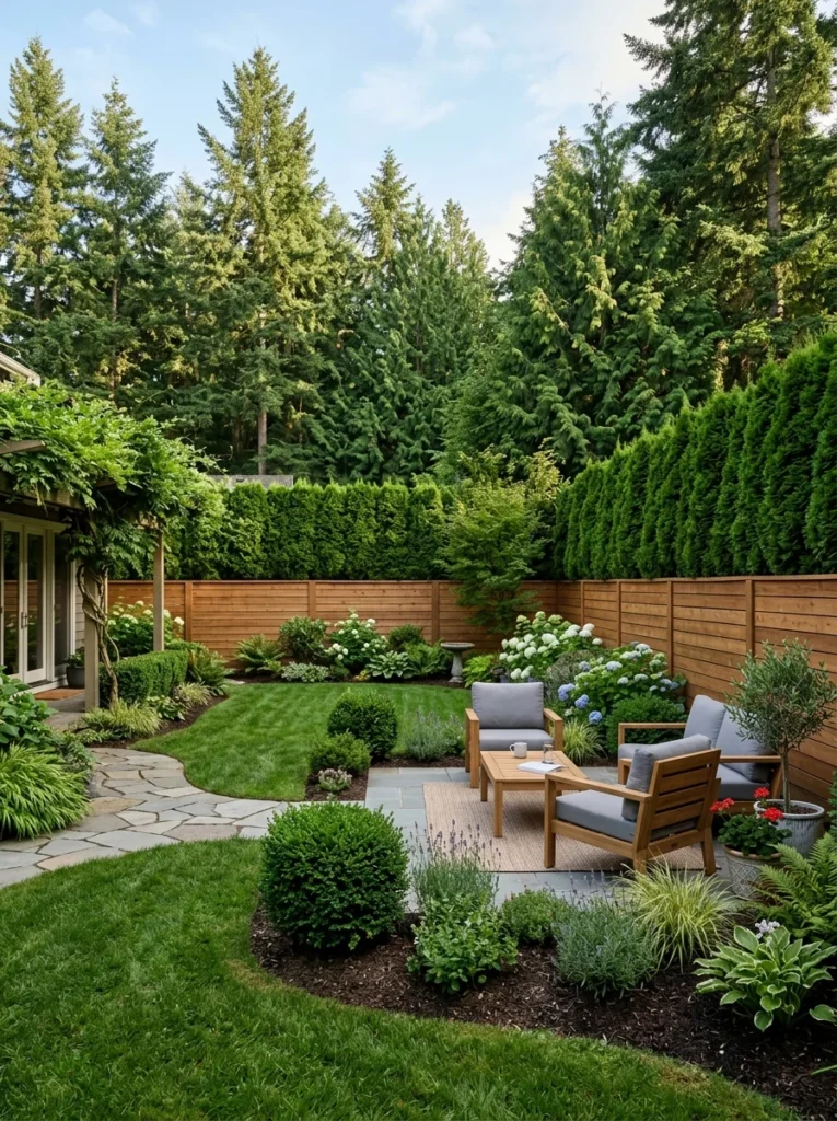Backyard privacy created with evergreen trees, tall hedges, and decorative landscaping.