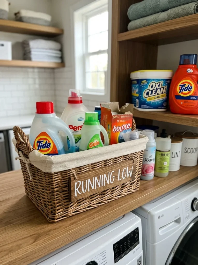 Dedicated basket for low laundry supplies.