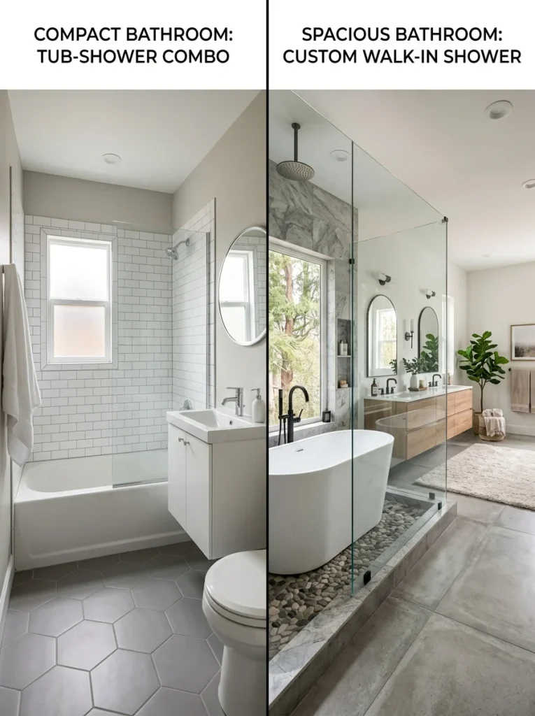 Comparison of tub-shower combo and walk-in shower based on bathroom size.