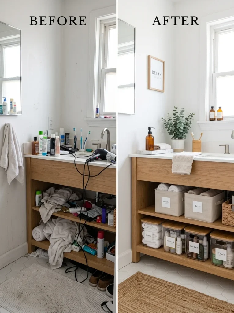 Small bathroom using vertical wall storage shelves pegboard and ladder shelving.