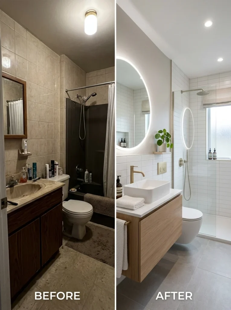 Before and after comparison of a small bathroom redesigned with a better layout and modern fixtures.