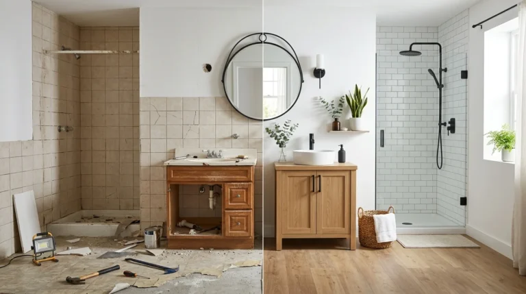 Modern budget bathroom renovation showing a before and after transformation with updated vanity, tiles, and fixtures.