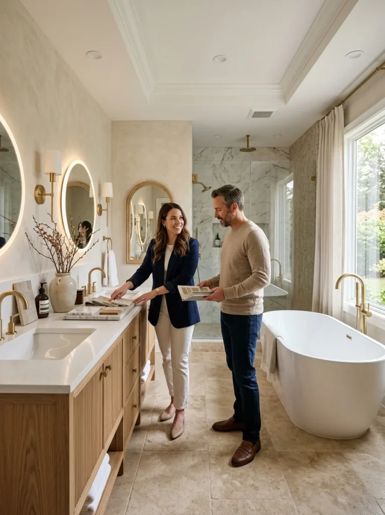 Modern luxury master bathroom showcasing timeless renovation ideas and current bathroom design inspiration.