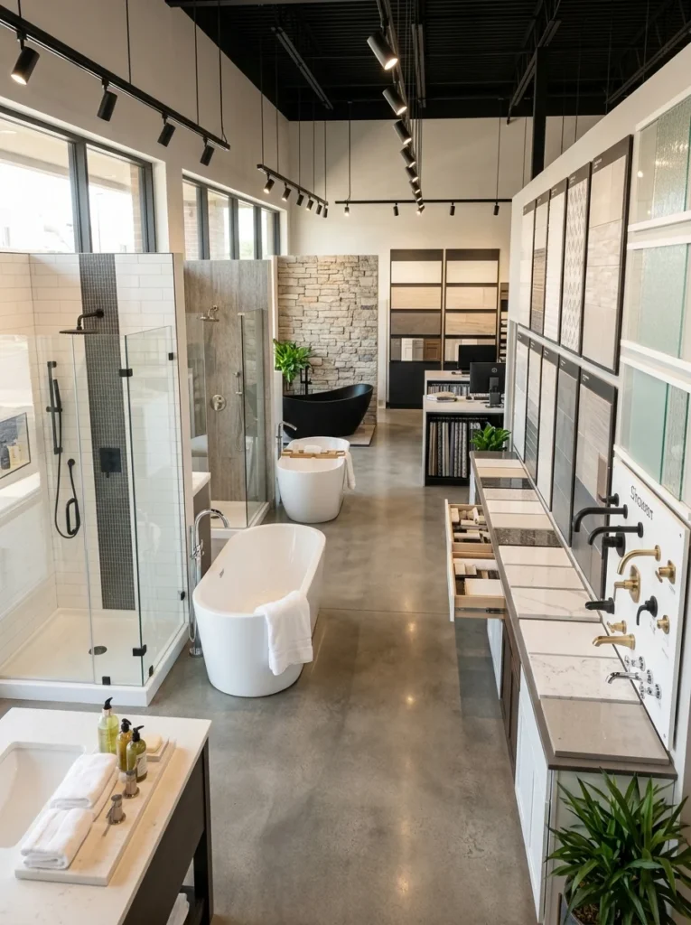 Bathroom showroom displaying walk-in shower and bathtub renovation options.
