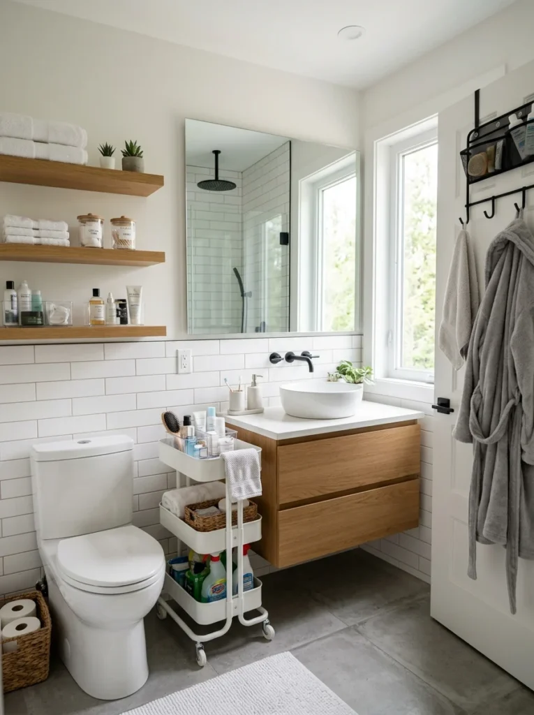 Modern bathroom featuring practical storage ideas for organizing small spaces.