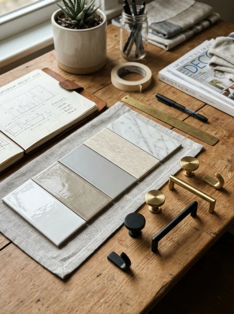 Neutral bathroom tile color palette with timeless finishes.