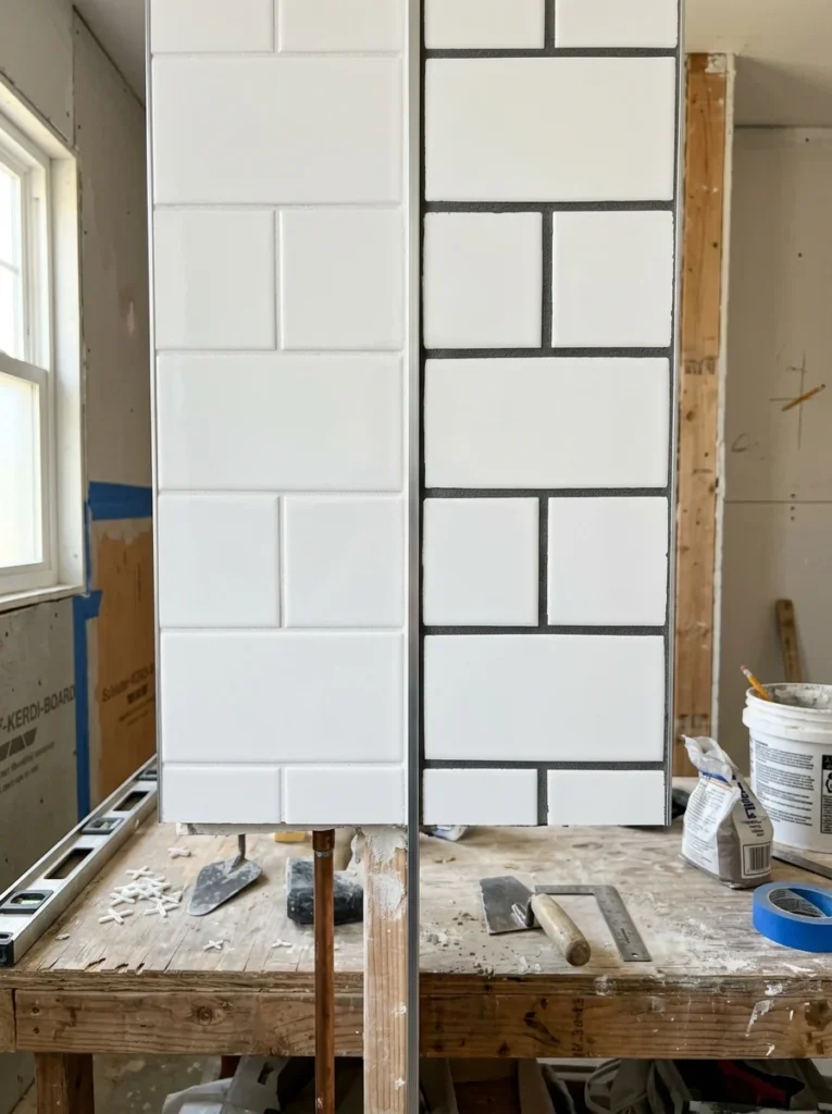 Bathroom tile comparison showing different grout colors and widths.