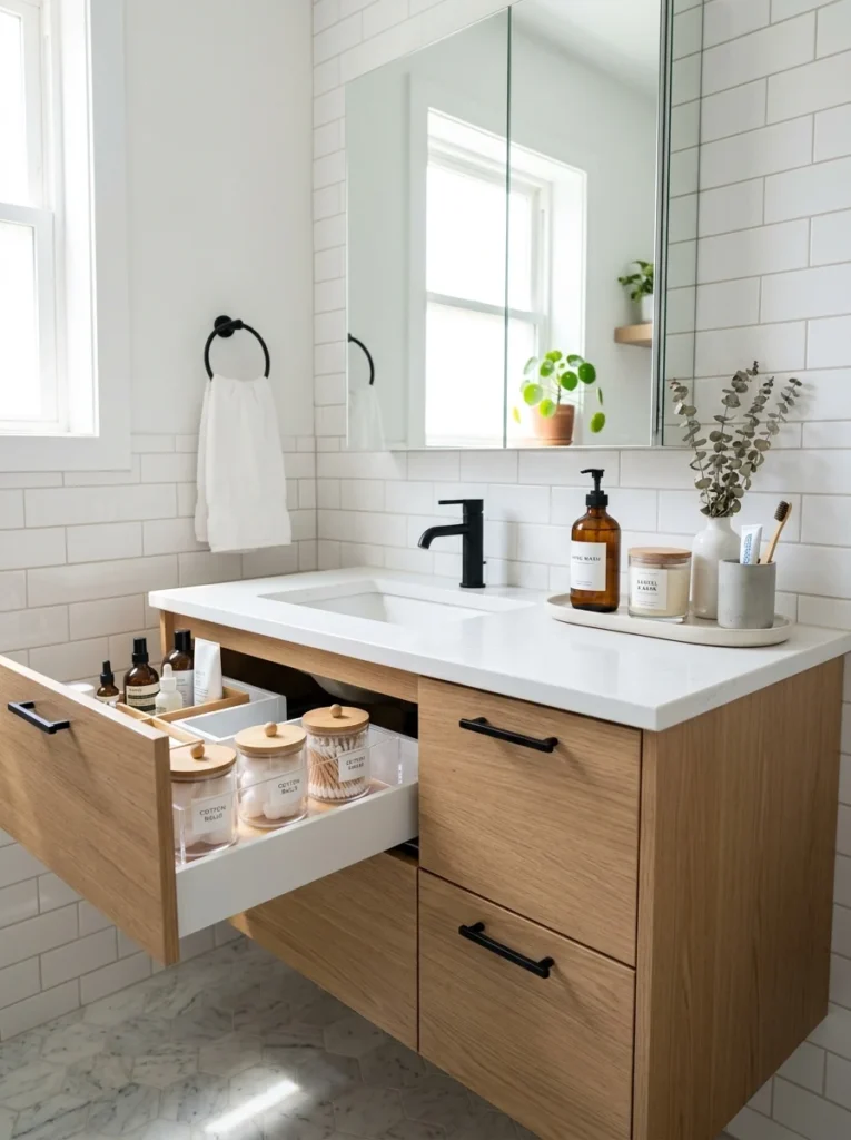 Minimalist bathroom vanity with organized drawers and clean countertop storage.