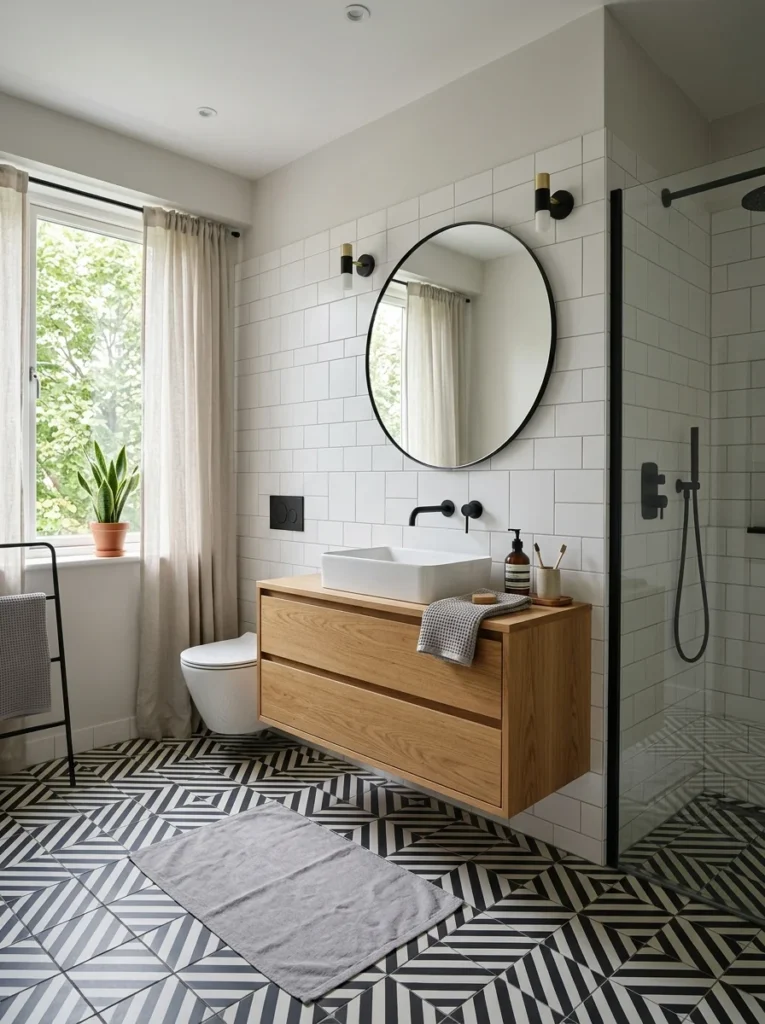 Bathroom using patterned floor tile with simple wall tiles.