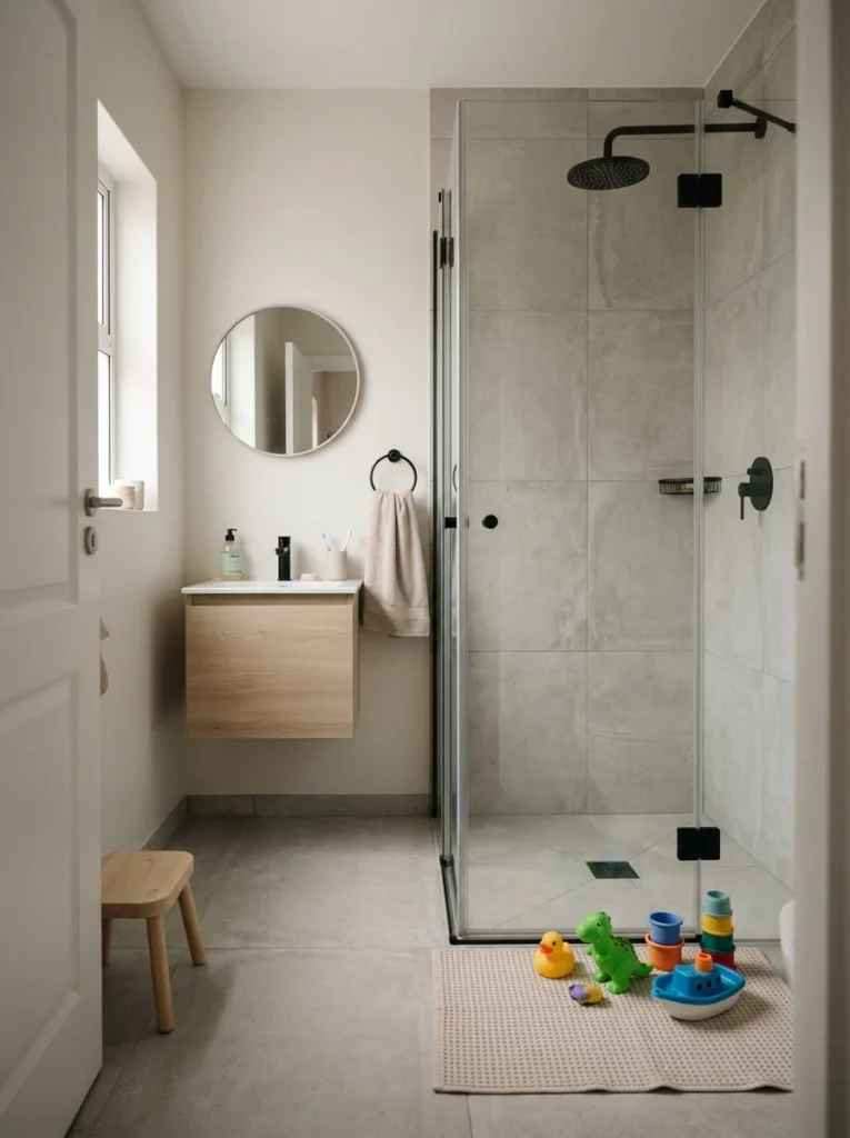 Modern bathroom with only a walk-in shower illustrating its limitations for families.