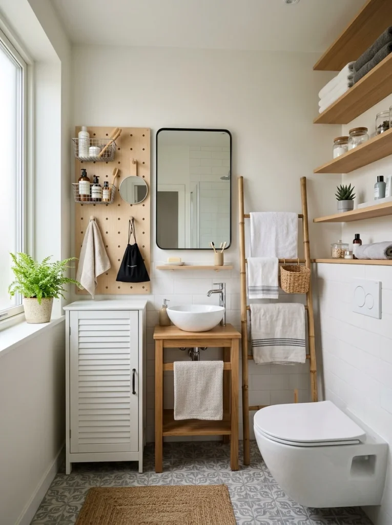 Small bathroom using vertical wall storage shelves pegboard and ladder shelving.