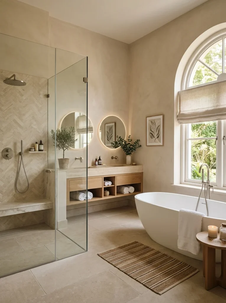 Comparison of modern walk-in shower and elegant freestanding bathtub aesthetics.