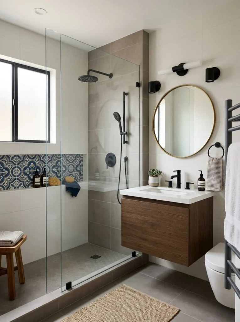 Neutral bathroom tiles with a colorful accent tile feature.