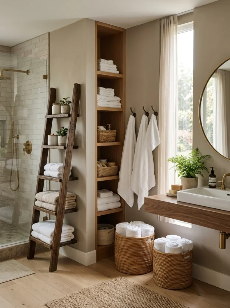 Bathroom towel organization using baskets hooks and ladder shelving.
