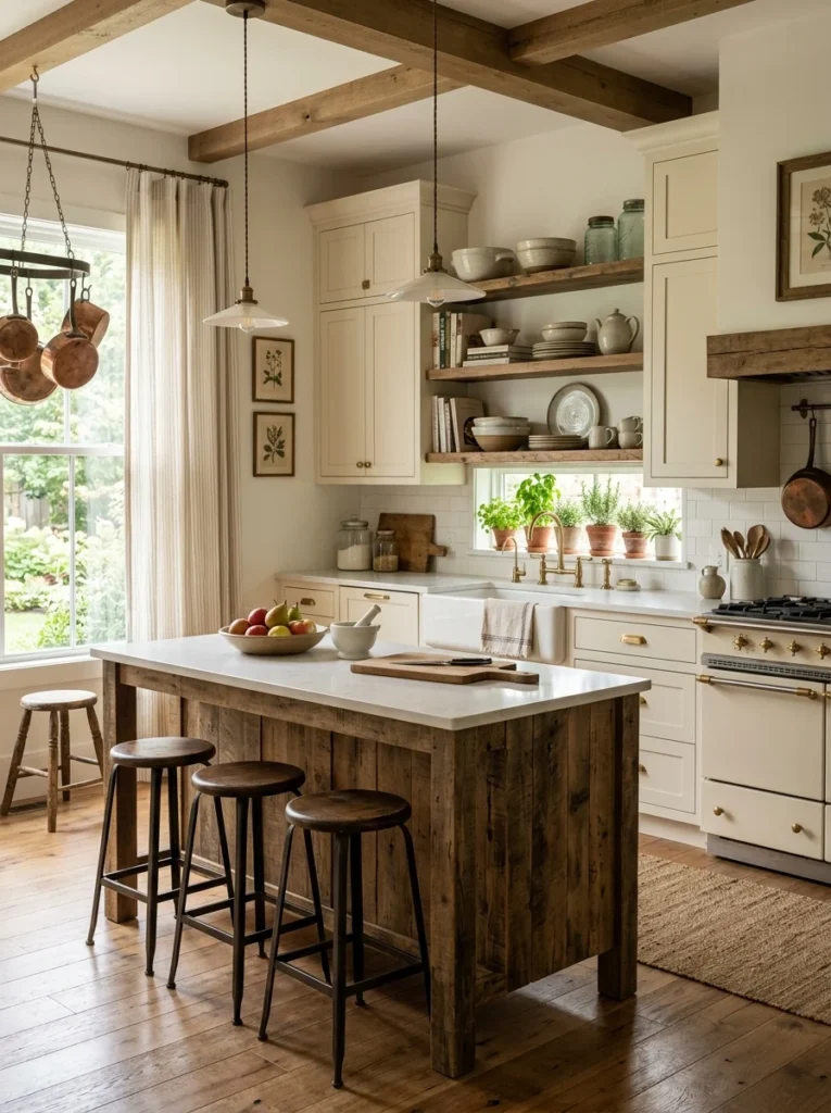 Elegant farmhouse kitchen with warm neutral colors, wooden accents and cozy country-inspired styling.