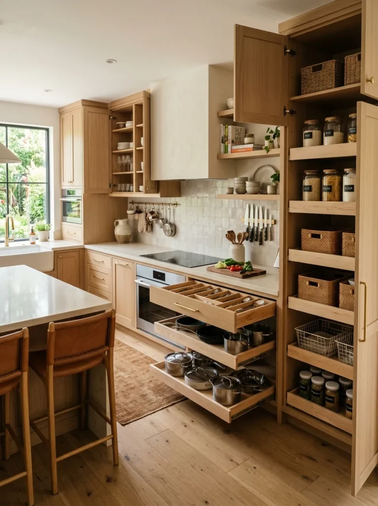 Modern kitchen displaying multiple smart storage ideas for maximizing space.