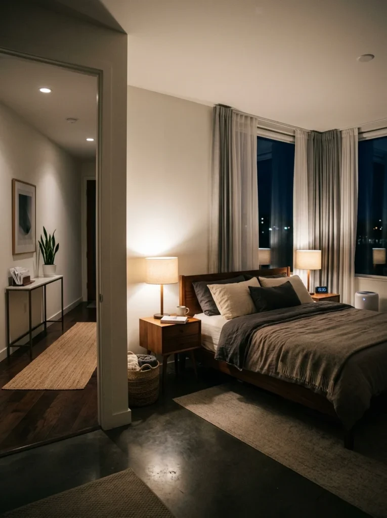 Person completing a nightly home tidying routine before bedtime.