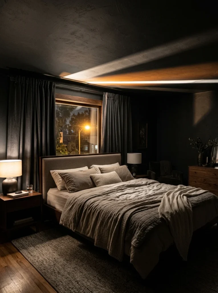 Close-up of thick blackout curtain fabric designed to block sunlight.