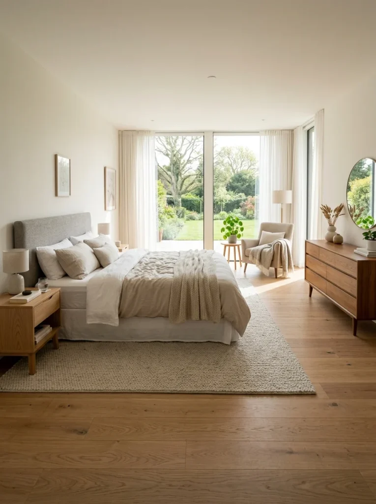 Modern master bedroom showing a thoughtful furniture arrangement before redesigning the room layout.