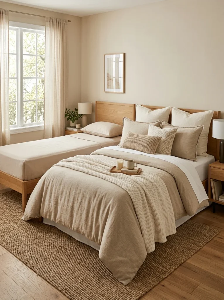 Modern bedroom featuring layered bedding and decorative pillows for a luxury hotel-inspired look.