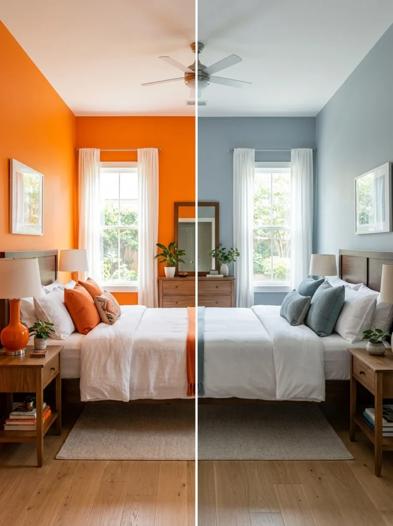Comparison of bright orange and muted blue-gray bedroom walls showing how color changes the room's mood.