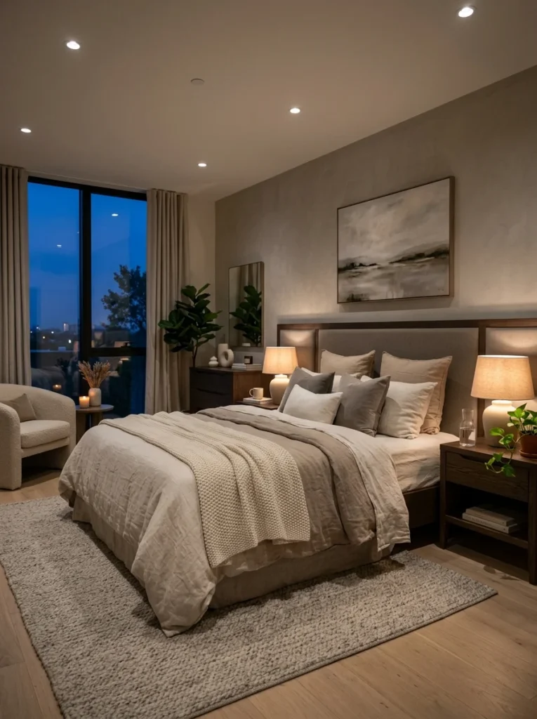 Beautiful bedroom with soft layered lighting designed for a calm and relaxing evening.