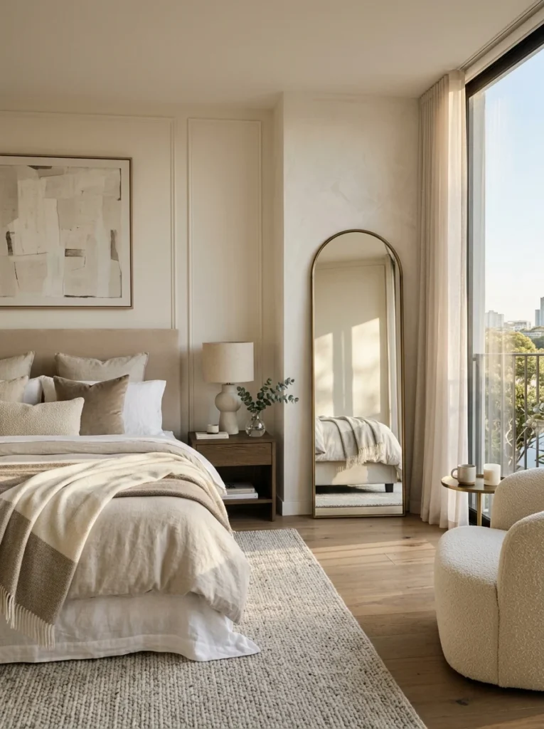 Arched mirror adding architectural elegance to a bedroom.
