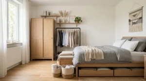 Modern bedroom with smart storage ideas including a wardrobe, clothing rack, wall shelves, and under-bed storage in a room without a closet.