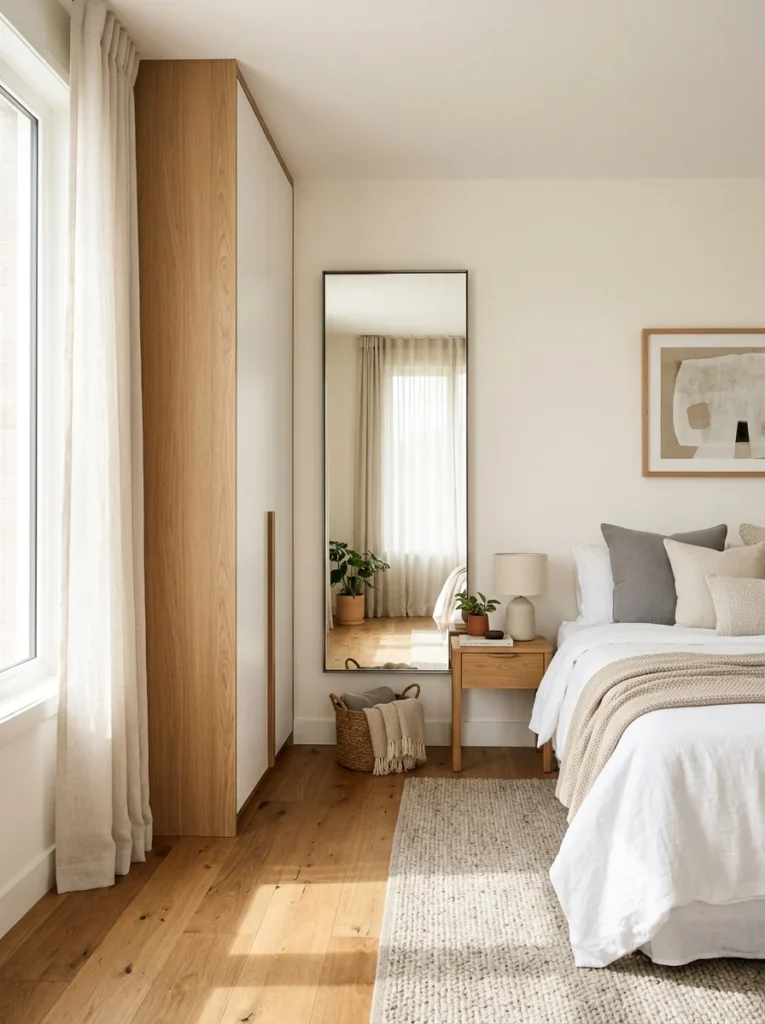 Tall rectangular mirror providing a larger reflective surface in a modern bedroom.