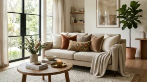 Modern beige sofa styled with coordinated throw pillows in mixed textures and colors creating an elegant living room.