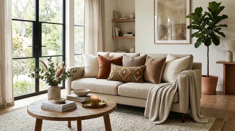 Modern beige sofa styled with coordinated throw pillows in mixed textures and colors creating an elegant living room.