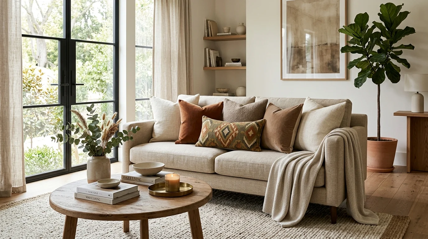 Modern beige sofa styled with coordinated throw pillows in mixed textures and colors creating an elegant living room.