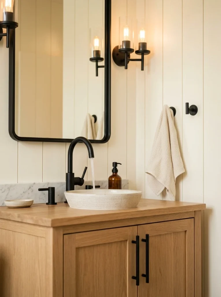 Matte black bathroom hardware contrasting beautifully with warm white farmhouse decor.