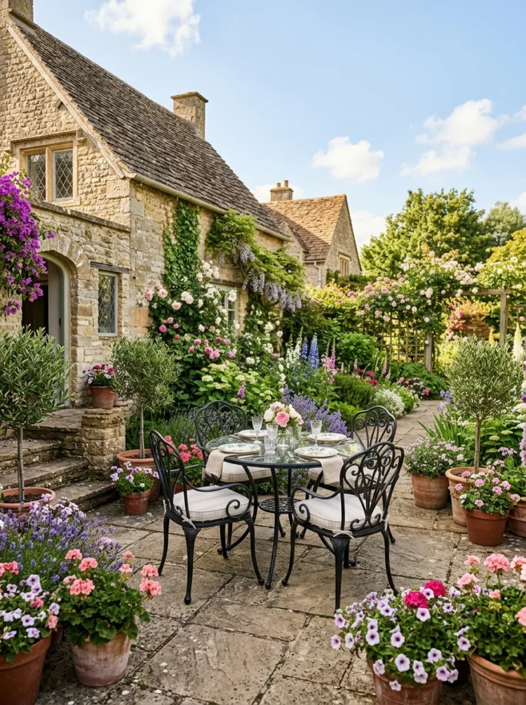 Traditional wrought iron patio furniture on a garden terrace.