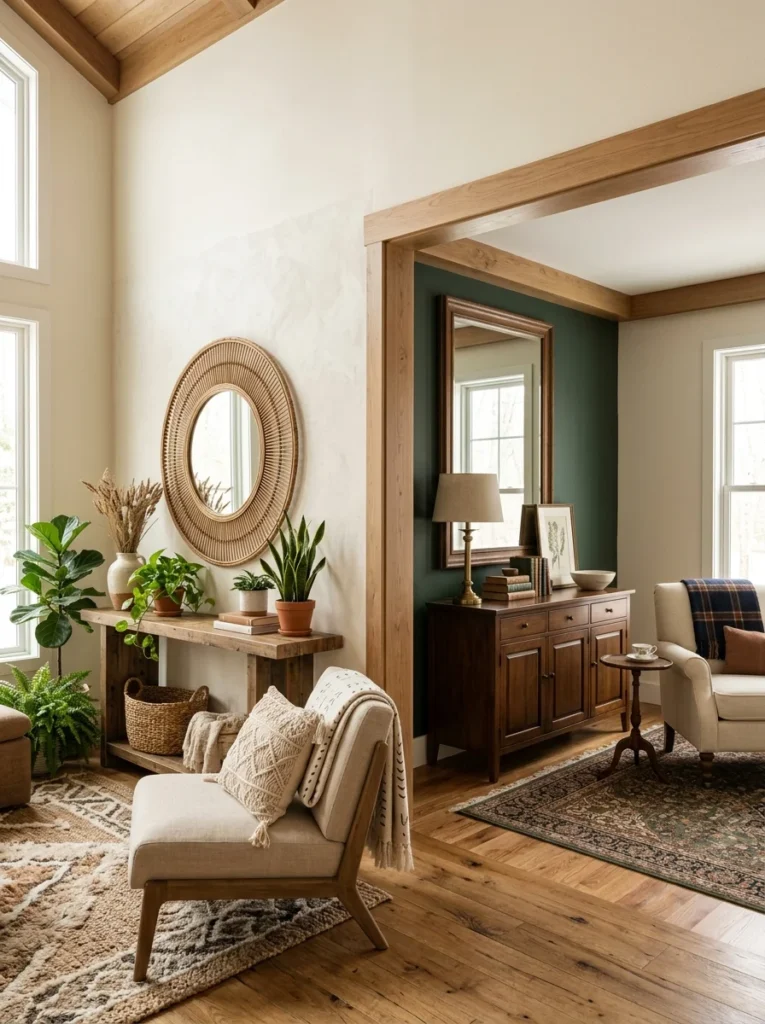 Comparison of round and rectangular mirrors in different home decor styles.