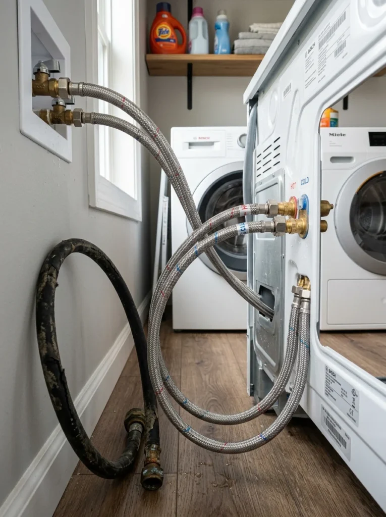 Braided stainless steel washer hoses installed for improved water safety.