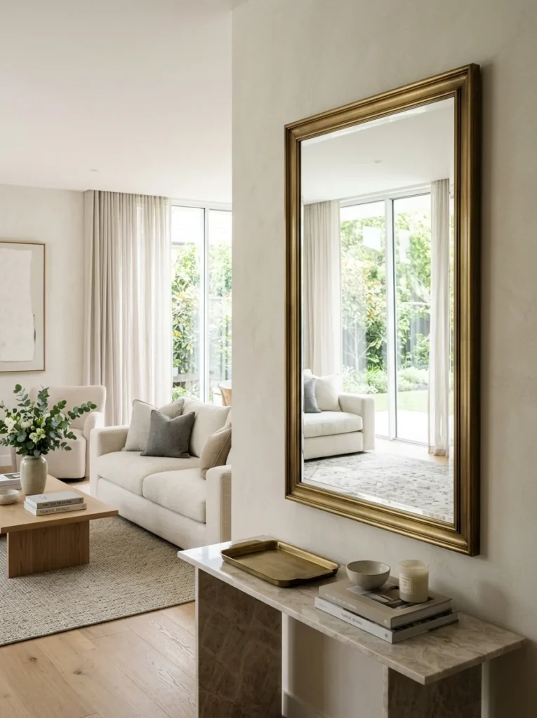 Brass-framed mirror reflecting natural light inside a stylish living room.