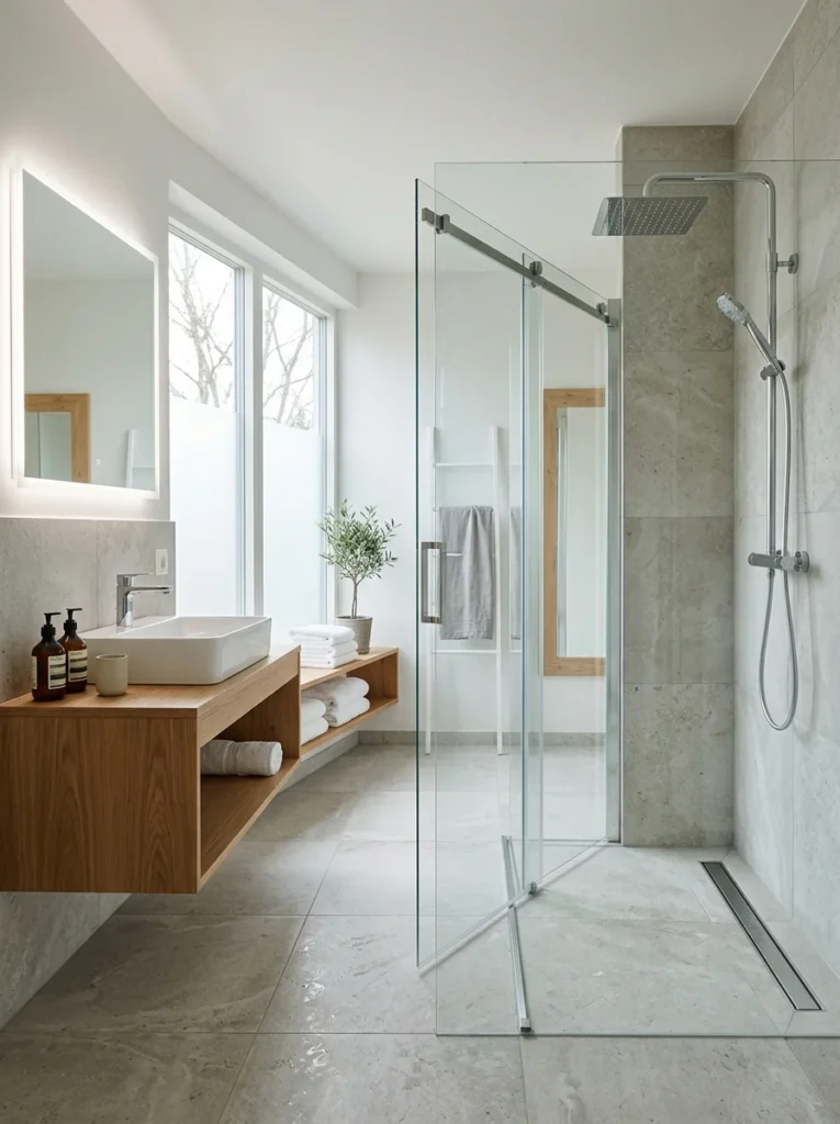 Elegant modern walk-in shower with frameless glass and large-format tiles.