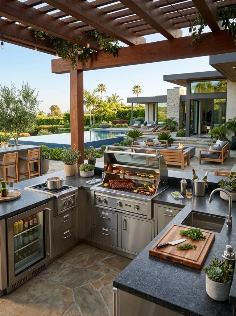 Built-in outdoor grill with refrigerator and side burner in a modern backyard kitchen.