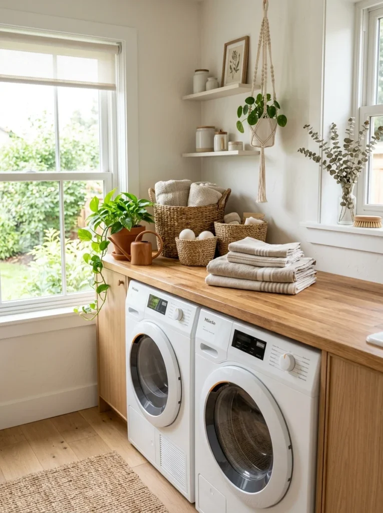 Natural butcher block countertop adding warmth to a laundry room.
