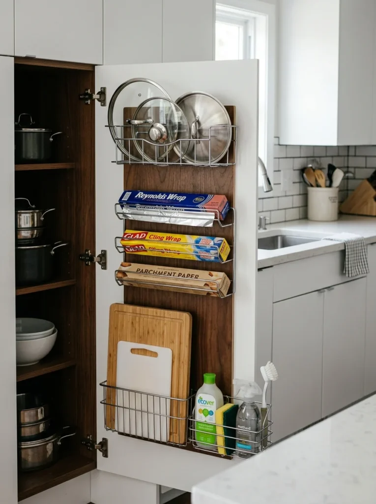 Cabinet door organizer storing lids, foil, and kitchen accessories.