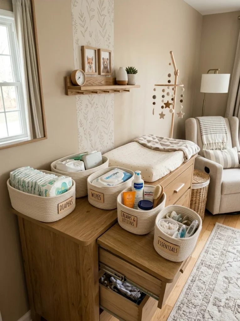 Changing table with organized diaper supplies stored inside labeled baskets.