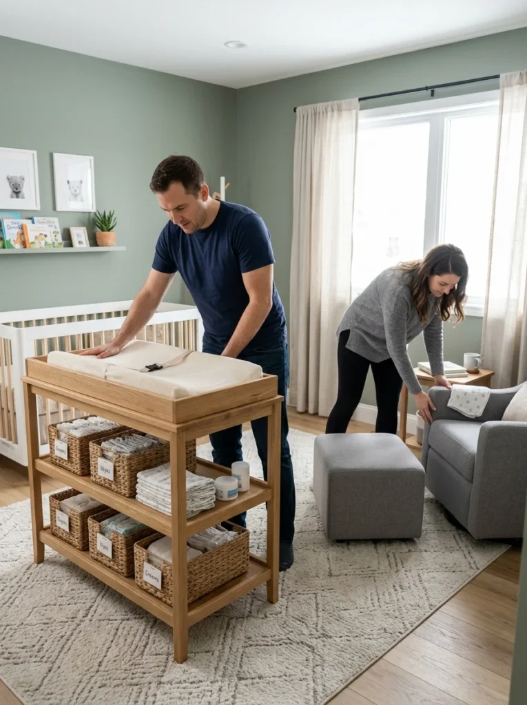 Changing table and nursery furniture checked for stability and safety.