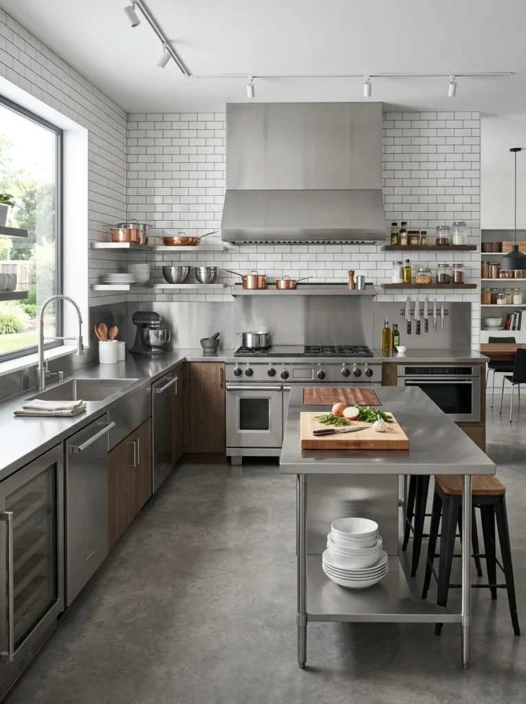 Professional kitchen featuring durable stainless steel countertops and modern appliances.