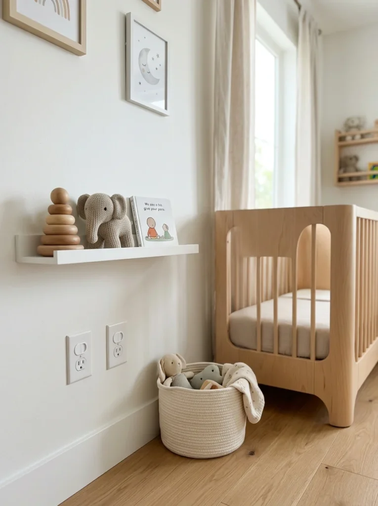 Electrical outlet protected with child safety covers in a nursery.