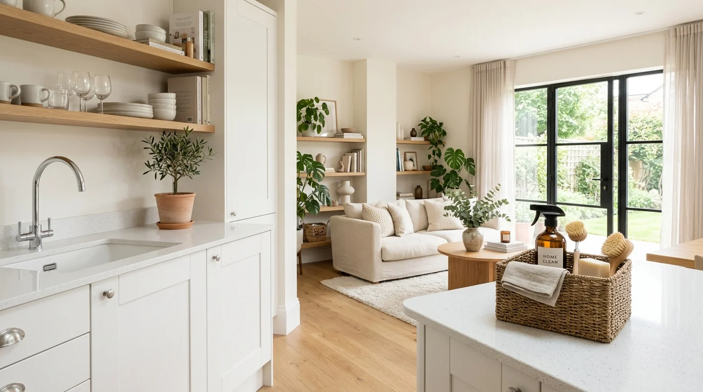 Modern clean home interior with organized cleaning supplies and tidy living space representing a sustainable cleaning routine.